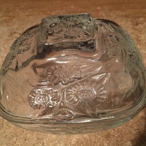 VINTAGE SQUARE GLASS DISH & LID FLOWERS FLORAL SUNFLOWER CANDY TRINKET